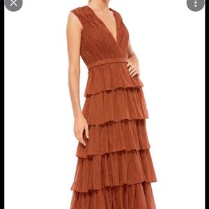 Mac Duggal plunge neck tiered ruffle dress in rust